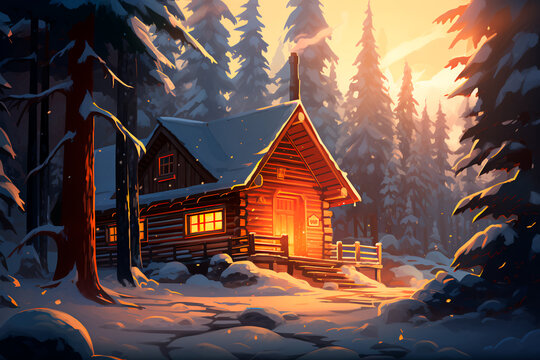 A snug cabin rests in a snowy forest, chimney smoke spiraling, warm hues glowing from windows as night descends—a vivid and colorful illustration.