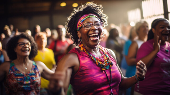 A joyful and lively Zumba dance class, with middle-aged women embracing the music and movement