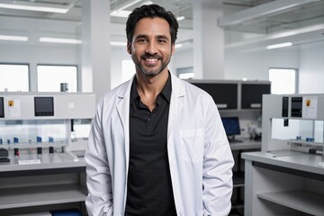 a scientist engineer in a medical lab for experiments with chemicals and electronics wearing white lab coat