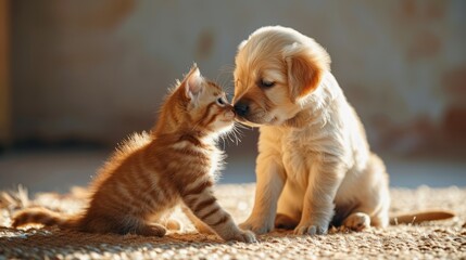 cute little baby puppy dog and cat kitten laying close to each other and kissing. at home on a warm...