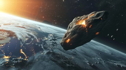 a huge gigantic burning asteroid in space flyng towards the planet earth. collides with surface....