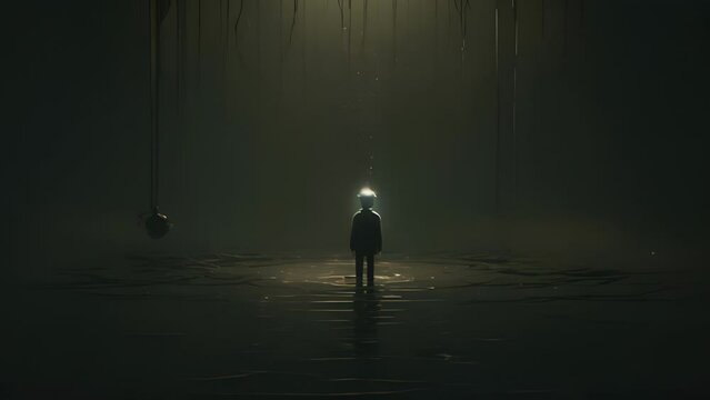 A character slowly sinking into a dark pit, symbolizing the isolation and hopelessness often associated with mental illness. minimal 2d animation Psychology art concept
