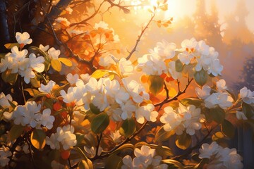 Obraz na płótnie Canvas Beautiful white magnolia flowers in the sunlight. Spring background, Jasmine bush in warm sunset light, AI Generated