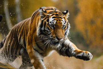 Fototapeta na wymiar A dynamic photograph capturing the intense energy of a tiger in mid-pounce