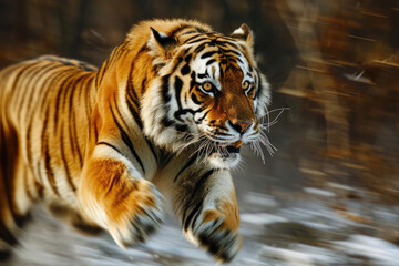 A dynamic photograph capturing the intense energy of a tiger in mid-pounce