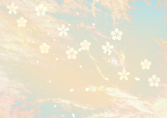 うっすらと赤みがかった空に桜が舞い散る背景のイラスト