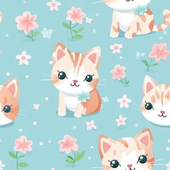 Seamless pattern with cute kittens and flowers