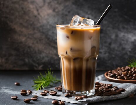 glass of milk coffee with ice, dark background