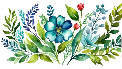 Beautiful romantic folk art watercolor flower collection with leaves, floral bouquets, flower compositions, valentines day - obrazy, fototapety, plakaty