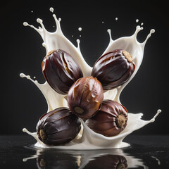 Milk splash and dates fruits in the air isolated black background