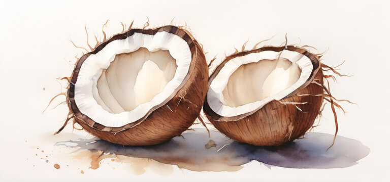 Watercolor painting of piece of coconut on white background, generated by AI