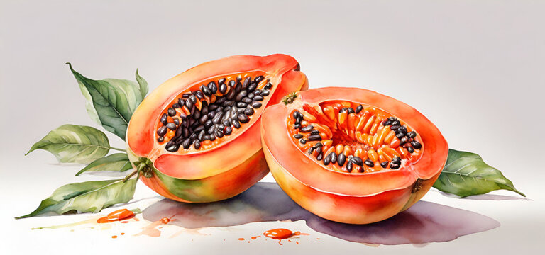 Watercolor painting of ripe Papaya on white background, generated by AI