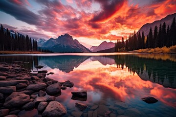 Sunset over Moraine Lake in Banff National Park, Alberta, Canada, AI Generated