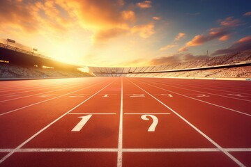 Athletics Track and Field with Blue Sky Background, 3D Rendering, Athlete running track with number on the start in a stadium, AI Generated - obrazy, fototapety, plakaty