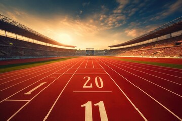 Running track in stadium at sunset. Sport and competition concept. 3D Rendering, Athlete running track with number on the start in a stadium, AI Generated
