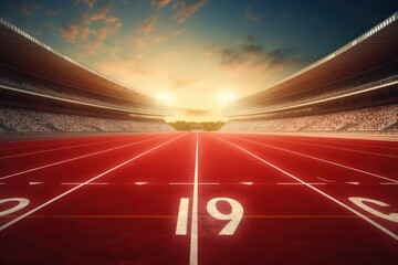 Red running track in stadium at sunset. 3D Rendering, Athlete running track with number on the...