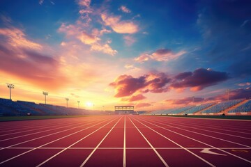 Athletics track in stadium at sunset. 3d rendering, Athlete Track or Running Track with nice...