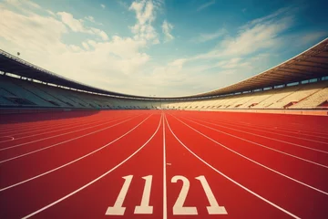 Foto auf Acrylglas Eisenbahn Running track at stadium with numbers 2021 and sunset sky. 3D Rendering, Athlete running track with number on the start in a stadium, AI Generated
