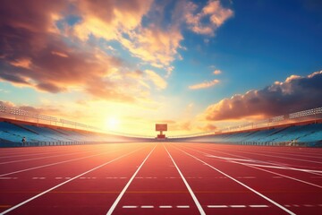 Athletics track at sunset. 3d render illustration, Athlete Track or Running Track with nice scenic,...