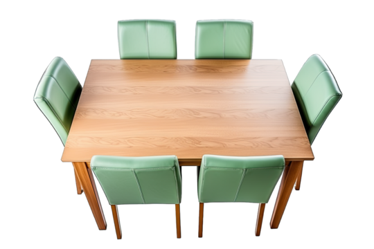 Top View Light Green Wooden And Leather Dining Table Set On Transparent Background