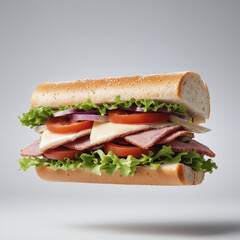 Bright background. Flying sandwich, bread vegetable and slice beef in the air with different ingredients. White background. Pastel shades. Food photography