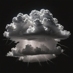 White and cloudy storm cloud with lightning and raindrops on a dark black background.