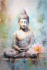 Buddha Oil Painting in Neutral Pastel Colors with Lotus Flower - Printable Wall Art - Wallpaper - Home Decor