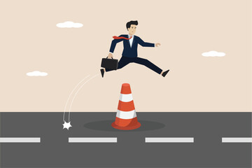 Overcoming business obstacles, overcoming work problems, smart brave businessman runs around and jumps over traffic pole obstacles.