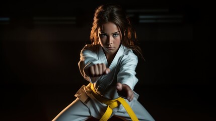 little model Taekwondo girl with yellow belt Isolated on dark background amid neon lights. movement - obrazy, fototapety, plakaty