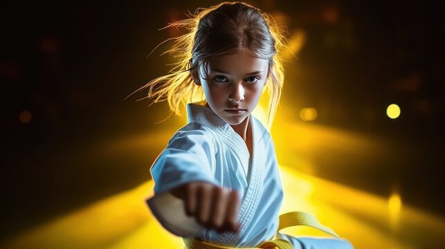 little model Taekwondo girl with yellow belt Isolated on dark background amid neon lights. movement