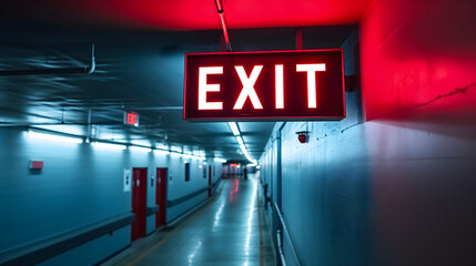 Vivid red exit sign illuminated above a modern corridor with reflective floors and atmospheric lighting