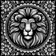lion head logo with floral and flower on the background - black and white ethnic design (artwork 3)