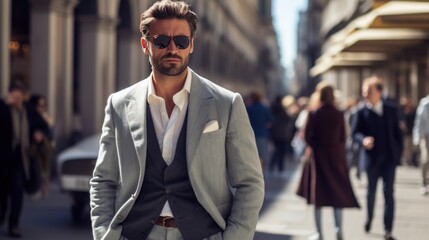 Male businessman in street style clothes after a fashion show at Milan Fashion Week - obrazy, fototapety, plakaty