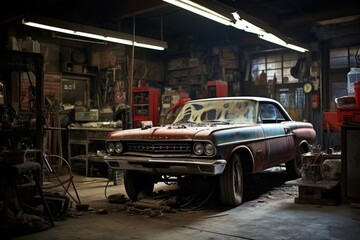 Abandoned car in the garage of a car repair shop, car in auto repair shop, AI Generated - obrazy, fototapety, plakaty