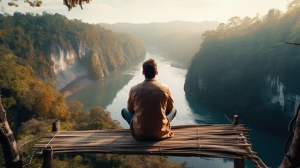 A traveler sits on the edge of a cliff bridge.