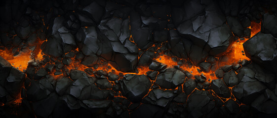 Halloween molten lava texture background. Burning fire coles concept of armageddon hell. Fiery lava and rock backdrop with atmospheric light, grunge red glowing texture wide banner by Vita - obrazy, fototapety, plakaty