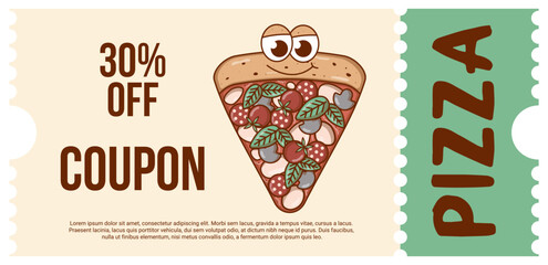 Italian fast food piece character pizza. Coupon promotion, discount banner, gift voucher. Retro colors. Flat style. Vector illustration.
