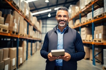 Portrait of smiling mature businessman using digital tablet in warehouse. This is a freight...