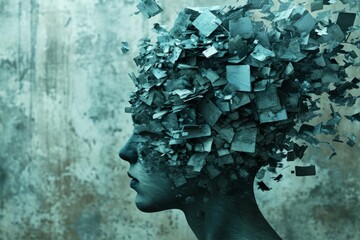 A surreal digital art piece presents a fragmented human head, symbolizing the complexity and abstraction of the human mind.