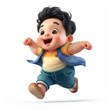 3D Fat Boy Running On White Background. Cute Runner Kid Cartoon Character Illustration