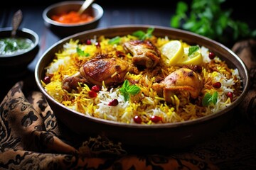 Fototapeta premium Indian chicken biryani with basmati rice served in a bowl, Chicken biryani Spicy Indian Malabar biryani Hyderabadi biryani, AI Generated