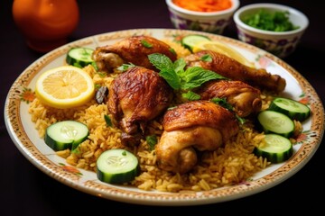 Chicken Biryani / Chicken Biryani or Biryani is a popular Indian dish made with basmati rice cooked in a bowl, Chicken kabsa, homemade arabian rice, AI Generated