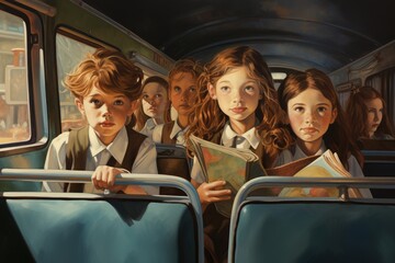 Group of children in a bus laughing and looking at the camera, Children in school bus, AI Generated