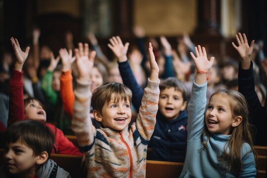 Group of kids raising their hands in the classroom at the elementary school, Children raise their hands to answer in the classroom, AI Generated
