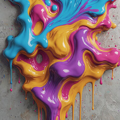 Full color paint Ink dripping on the bright grey wall