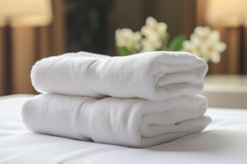 Fototapeta na wymiar white towel on bed decoration in hotel bedroom interior - soft focus point, clean white towels on the hotel bed, feels cozy, comfortable and relax, AI Generated