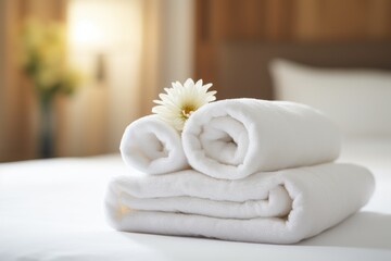 Obraz na płótnie Canvas Stack of clean towels with flower on bed in hotel room, closeup, clean white towels on the hotel bed, feels cozy, comfortable and relax, AI Generated