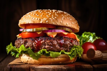Cheese burger - American cheese burger with fresh vegetables on wooden background, Close-up home made beef burger on wooden table, AI Generated