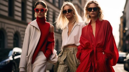 Obraz premium Three models wear street style clothes after a fashion show during Milan Fashion Week.