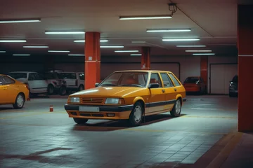 Foto op Canvas Car in underground parking lot at night, vintage toned image, Car parked at outdoor parking lot, Used car for sale and rental service, AI Generated © Iftikhar alam
